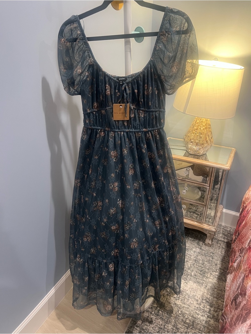 Blu Pepper Dark Green Floral Puff-Sleeve Midi Dress